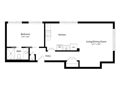 Floor plan for 1 bed, 1 bath, 850 sqft